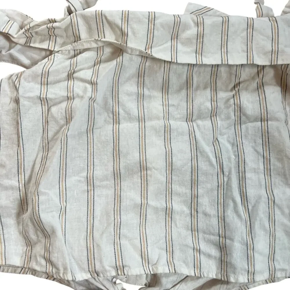 J.O.A. Striped Coastal Linen Blend Off Shoulder Crop Top | Women’s L